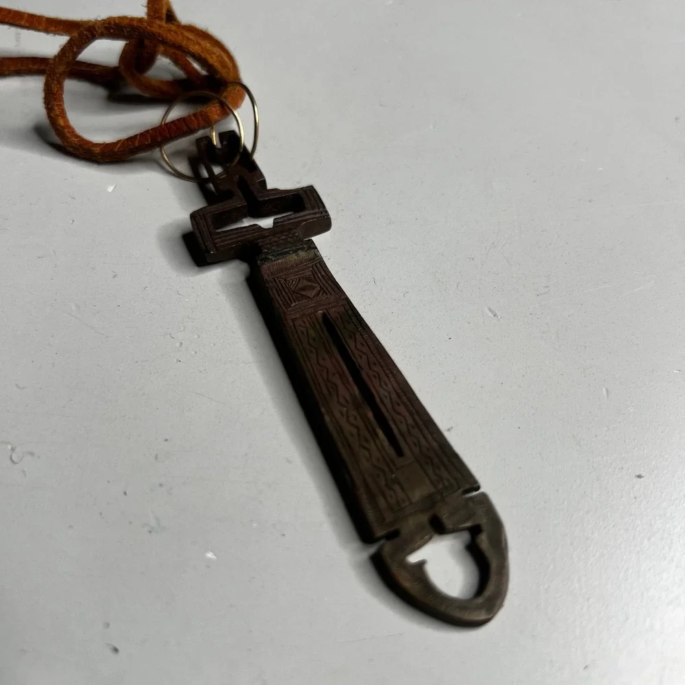 Vintage Tuareg Agadez Cross Pendant Necklace Etched Metal Leather Cord Tribal